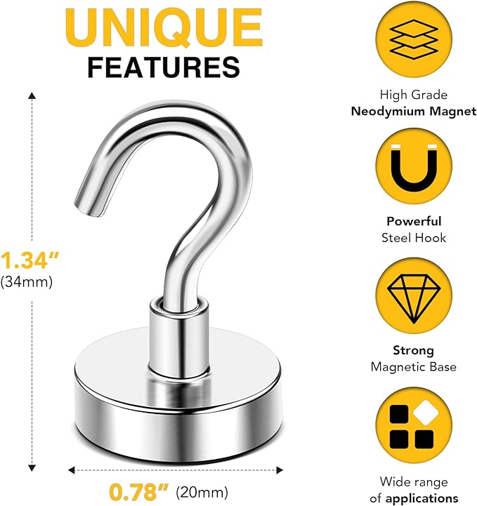 DIYMAG Magnetic Hooks, 50 LB Heavy Duty Magnets, 6 Packs Strong Rare Earth - Image 2