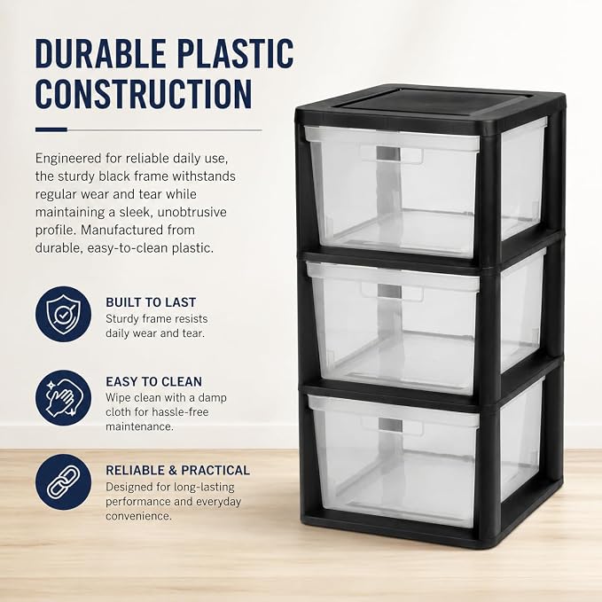 3-Drawer Plastic Storage Organizer Tower, Tool-Free Assembly, 25.25" H - Image 4