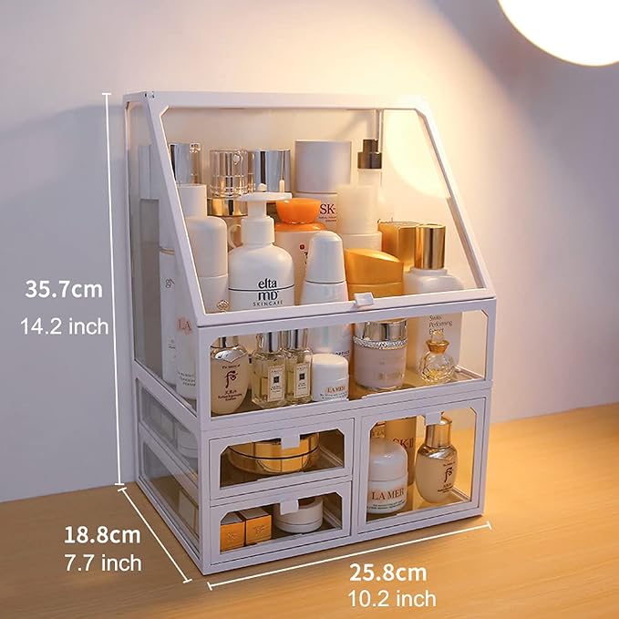 MOOCHI White Vintage Glass Cosmetic Makeup Organizer 3 Drawers Set Dust - Image 2