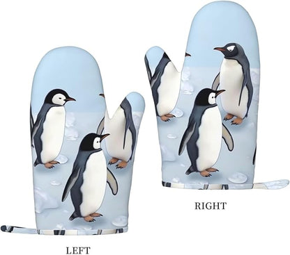 Cute Penguins Print Oven Mitts Set of 2, Heat Resistant Silicone Oven Mittens - Image 2