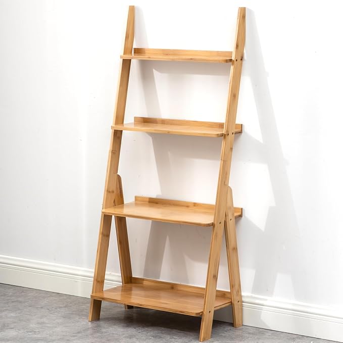 Maydear Bamboo Ladder Shelf Bookcase, 4-Tier Leaning Bookshelf Free Standing - Image 7
