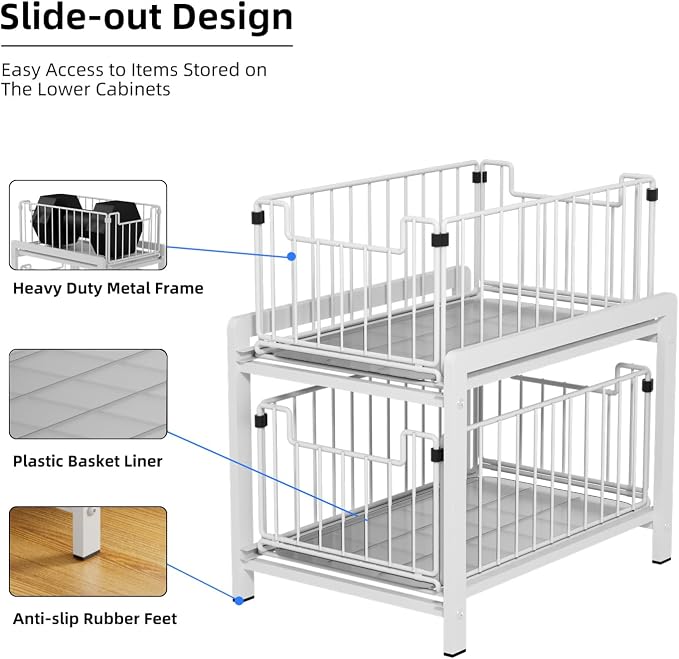 2 Tier Sliding Basket Drawer Organizer, Lxmons Pull Out Under Sink Cabinets - Image 4