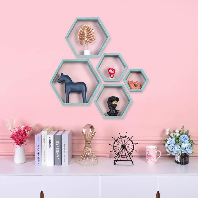 Hexagon Shelves, Floating Wall Shelf, Honeycomb Octagon Cube Shelves Wood | - Image 2