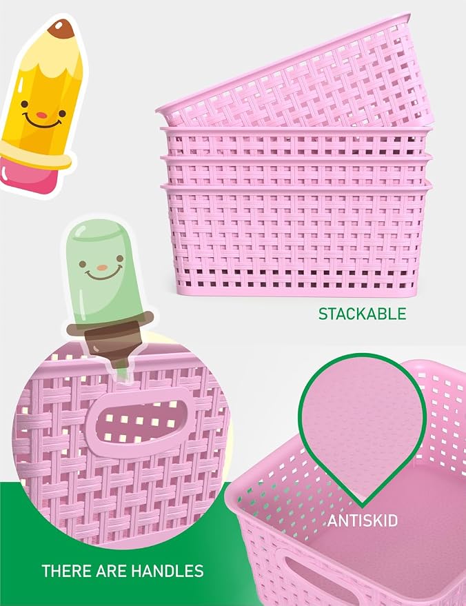 WYT 6-Pack Plastic Small Shelf Storage Weave Baskets Organizing - Image 3