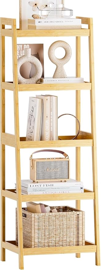 SMIBUY Bamboo Ladder Bookcase, Bathroom Storage Rack Organizer, 4 Tier and 5 by SMIBUY