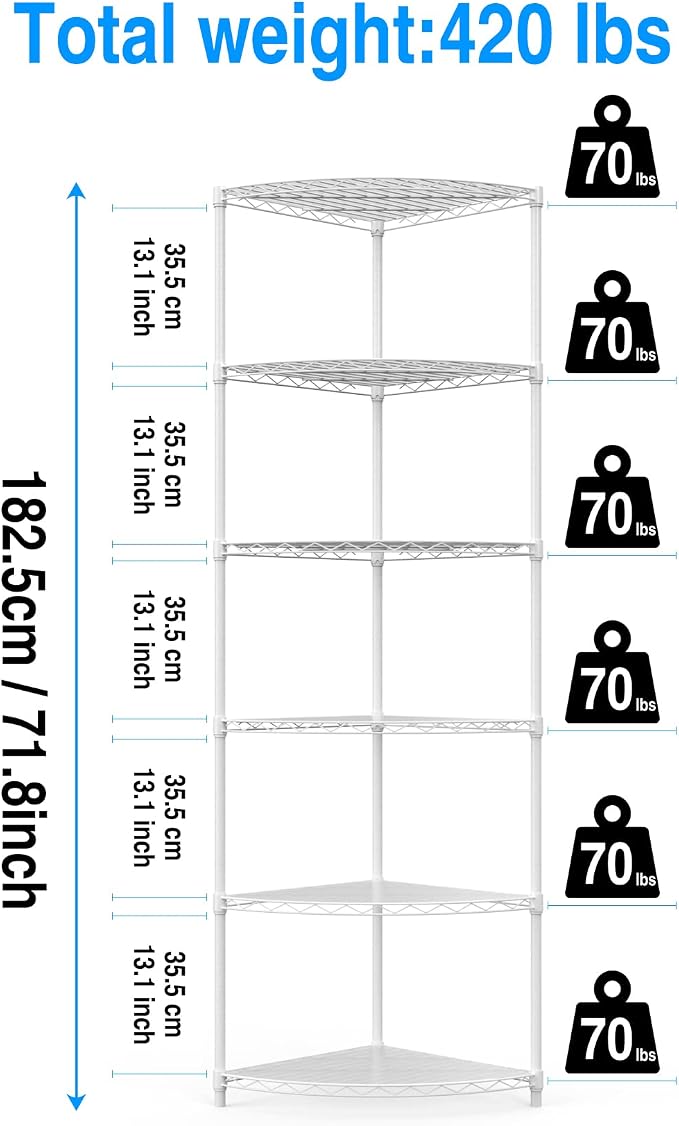 6 Tier Narrow Corner Wire Shelving Unit NSF Metal Shelf, 420lbs Capacity - Image 3