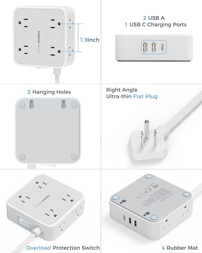 TESSAN Power Strip Surge Protector 10 Ft Cord, 8 AC Outlets, 3 USB Charger - Image 7