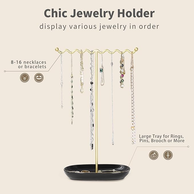 Elegant Jewelry Holder Stand: Metal Tree & Ceramic Tray Organizer - Image 5