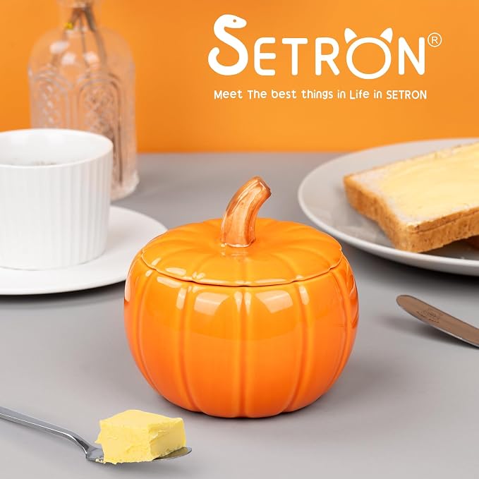 SETRON Halloween Pumpkin Butter Crock, Ceramic Butter Keeper - Image 4
