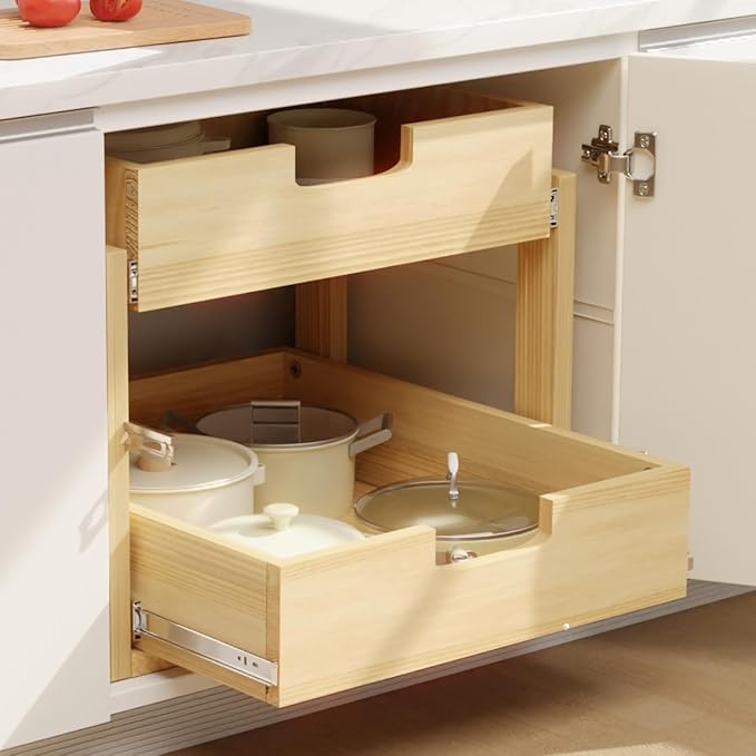 Pull Out Cabinet Organizer, 2 Tier Soft Close Slide Out Wooden Pull out Drawers - Image 3