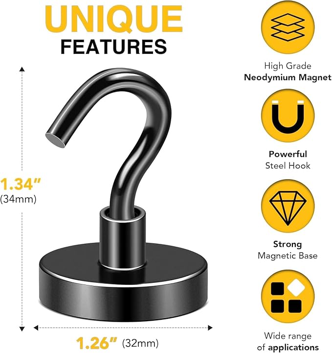 DIYMAG Black Magnetic Hooks, 120 LB Heavy Duty Strong Magnets - Image 2