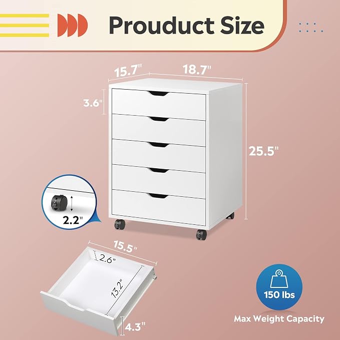 DEVAISE 5-Drawer Filing Cabinet Under Desk, Storage file Cabinet, Craft Storage - Image 3