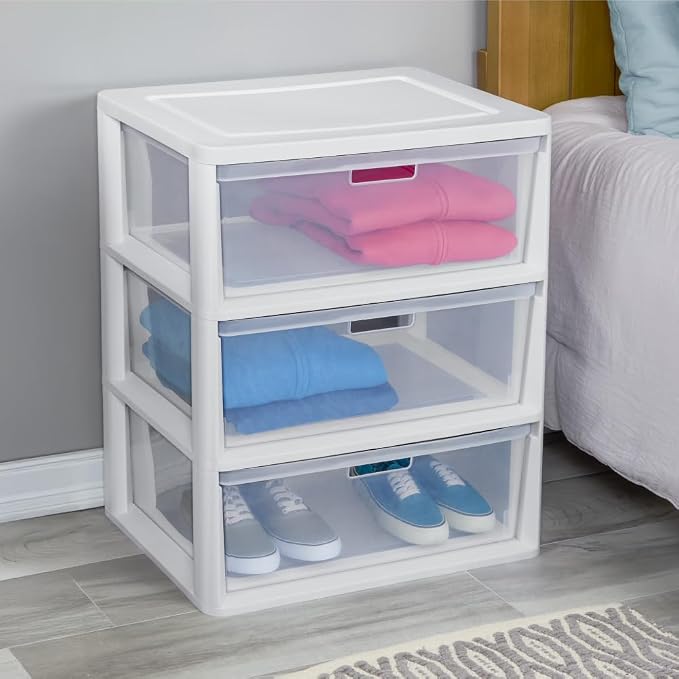 Wide 3 Drawer Storage Organizer Tower, Plastic Dresser - Image 3