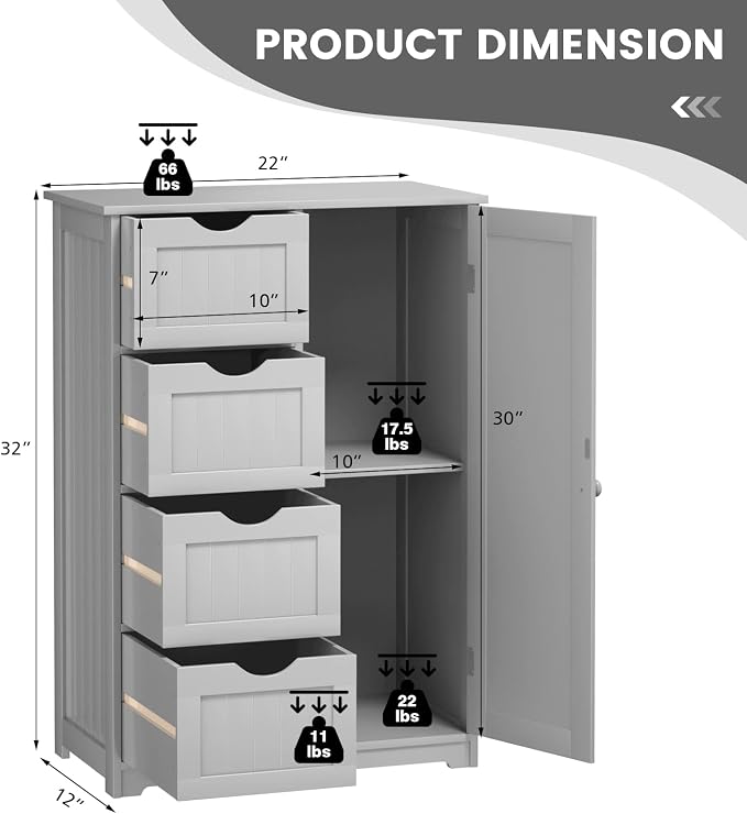 COSTWAY Bathroom Storage Cabinet, Wooden Freestanding Storage Cupboard Organizer - Image 2