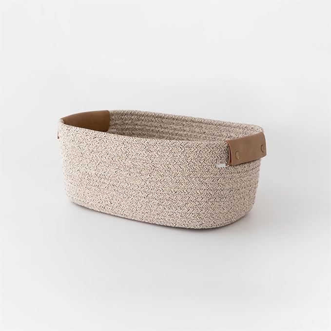 Small Cotton Woven Basket with PU Leather Handle, Baby Kids Clothes Toys Candy by SOORXIEIN