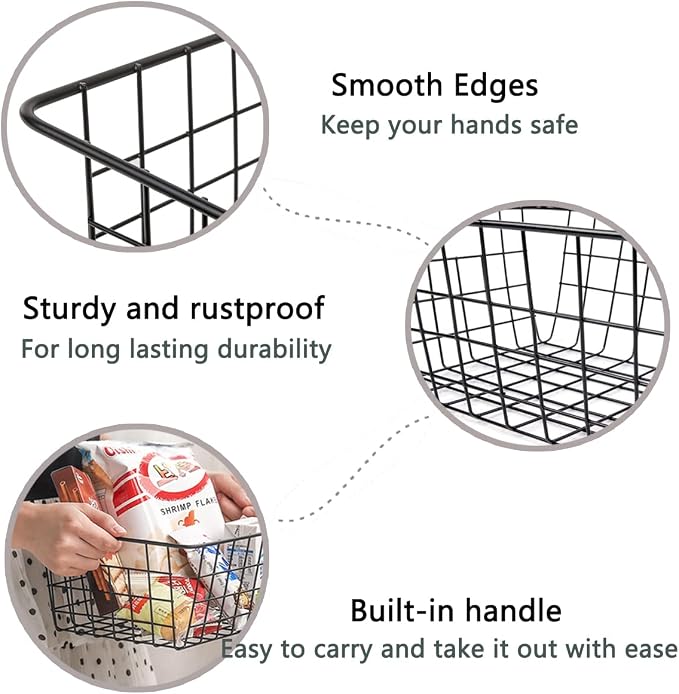 Wire Baskets for Organizing, 4 Pack Household Pantry Basket Black Metal Storage - Image 3