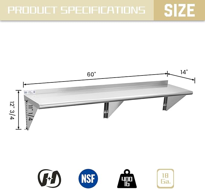 Hally Stainless Steel Shelf 14 x 60 Inches, 400 lb, Commercial Wall Mount - Image 3