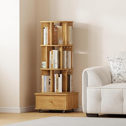 Rotating Bookshelf with Drawers on Lockable Wheels Wood Oak | 4 Tier Spinning by LMSXG-MZ
