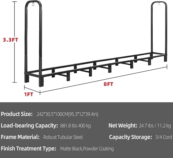 8FT Firewood Rack Outdoor, Heavy Duty Adjustable Firewood log Storage & Holder - Image 5