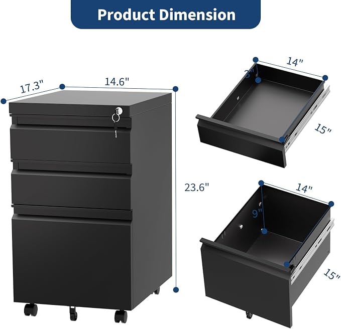 3 Drawer File Cabinet with Lock, Under Desk Metal Mobile Filing Cabinet with - Image 2