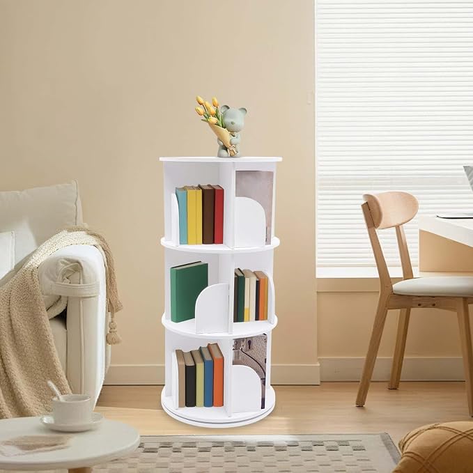 3-Tier Rotating Bookshelf, 360 Display Revolving Bookcase, Stackable Book - Image 2