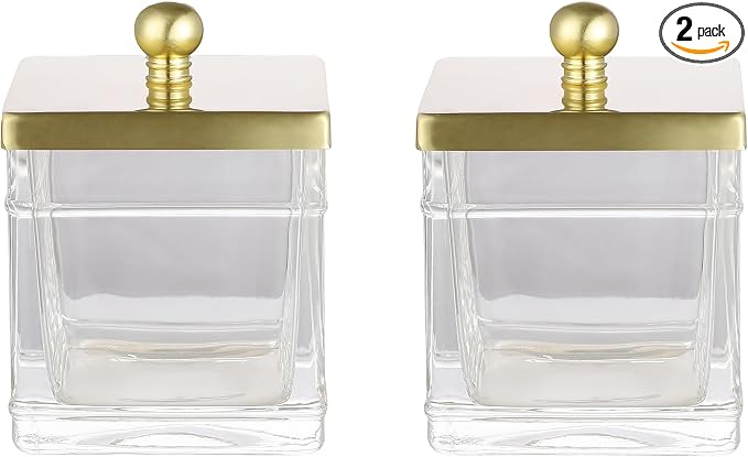 Glass Cotton Jar Holder 2 Pack– Brushed Gold Lid, Elegant Bathroom Storage by IndecorHome