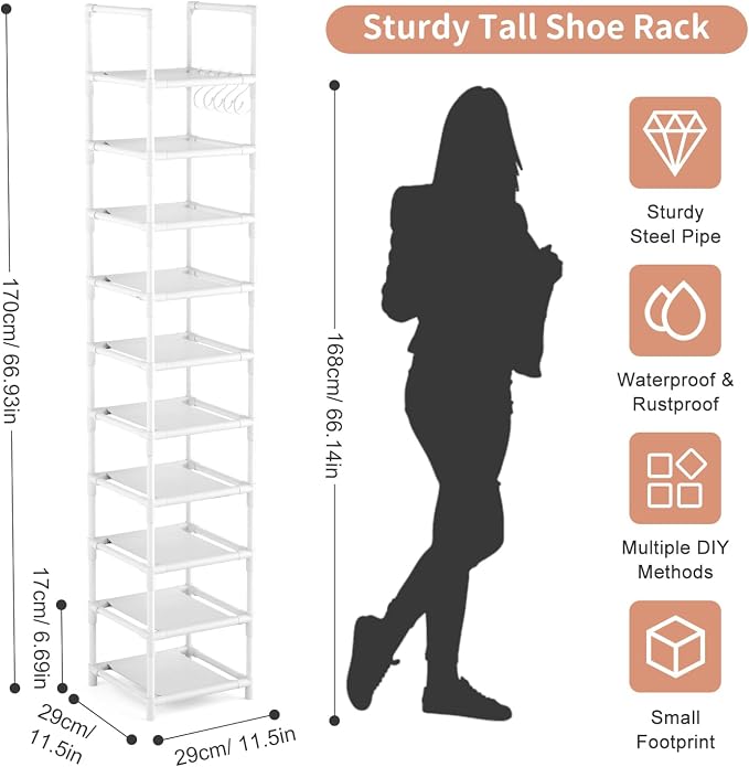 LANTEFUL Tall Narrow Shoe Rack 10-Tier Skinny Shoe Shelf Storage - Image 3