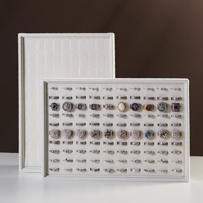Coward 2Pcs/Set Stackable Ring Organizer Tray Beige Velvet Ring Earring Stud - Image 3