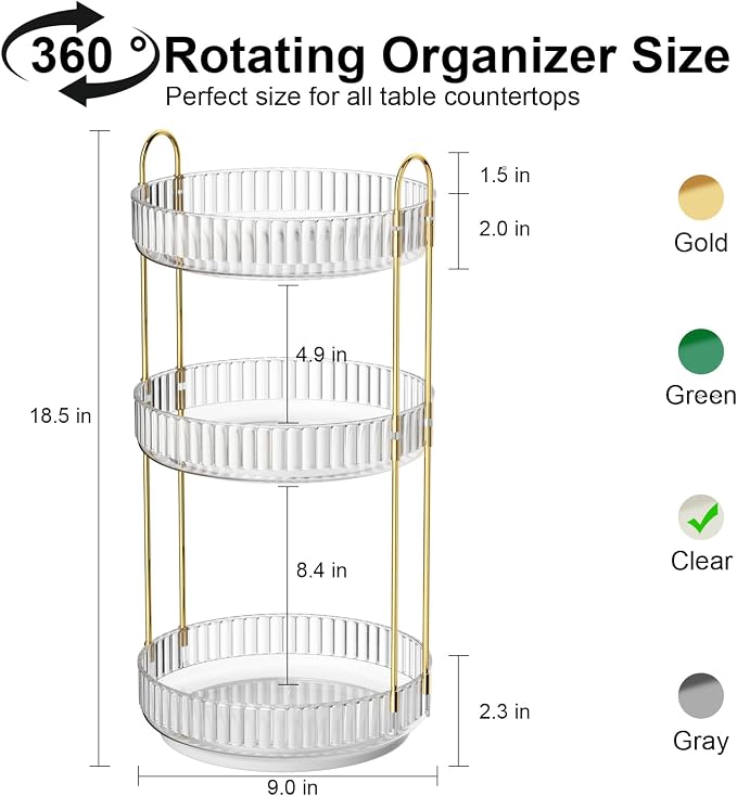 GTI 360°Rotating Makeup Organizer, 3 Tier Large Capacity Perfume Cosmetics - Image 3