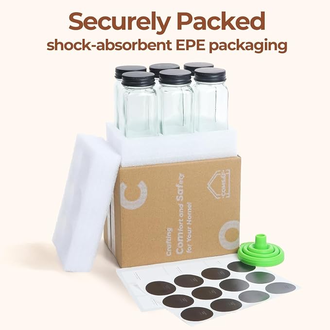 ComSaf Glass Spice Jars with with Labels 4 oz 6 Pack Small Square | Empty - Image 8