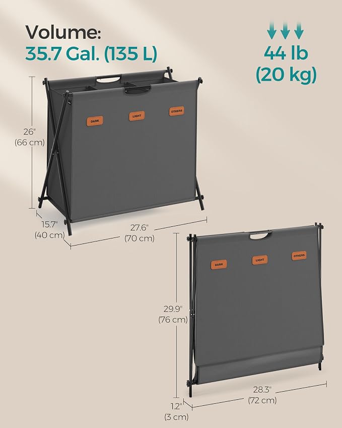 SONGMICS Laundry Hamper, Laundry Basket, 35.7 Gal. Laundry Sorter 3 Sections - Image 6