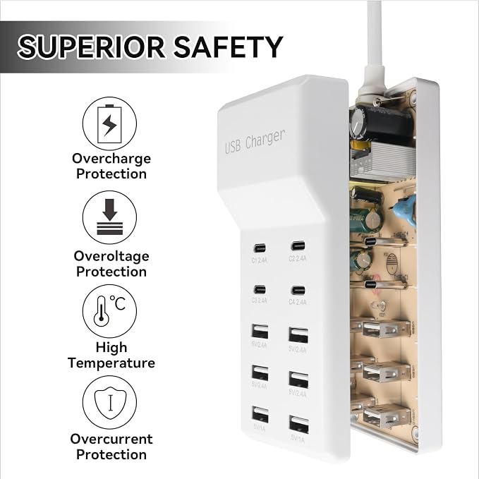 USB Charging Station with 6 USB-A & 4 USB-C Ports, 50W 10A USB Charger Block - Image 4