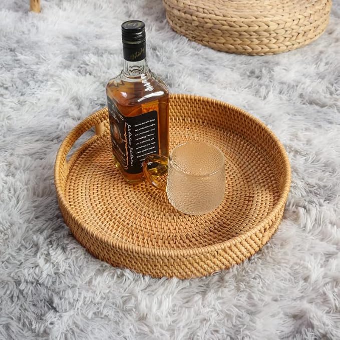 Coffee Table Tray Round Rattan Ottoman Tray Woven Serving Trays - Image 4