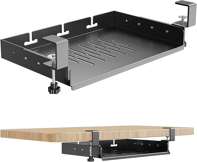 No Drill Under Desk Laptop Mount, Metal Under Desk Storage Shelf by BYMECOST