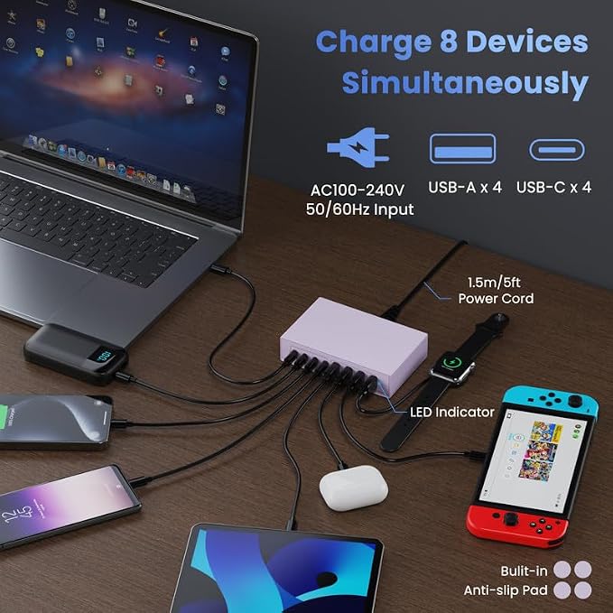 200W USB C Charger Block, 8-in-1 GaN III USB C Charger Fast Charging Station Hub - Image 6