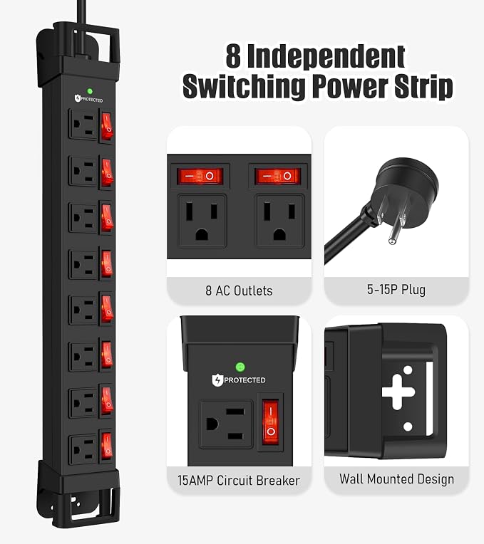 Heavy Duty Power Strip with Individual Switches, 8 Outlets 14 Gauge Industrial - Image 6