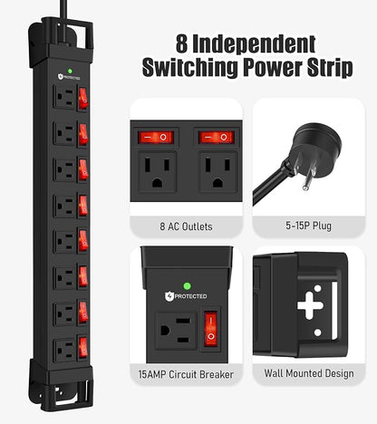 Heavy Duty Power Strip with Individual Switches, 8 Outlets 14 Gauge Industrial - Image 6