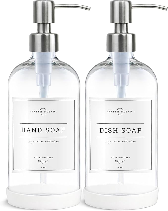 Vine Creations Clear Glass Soap Dispenser, 2 Pack Kitchen Soap Dispenser Set by VineCreations