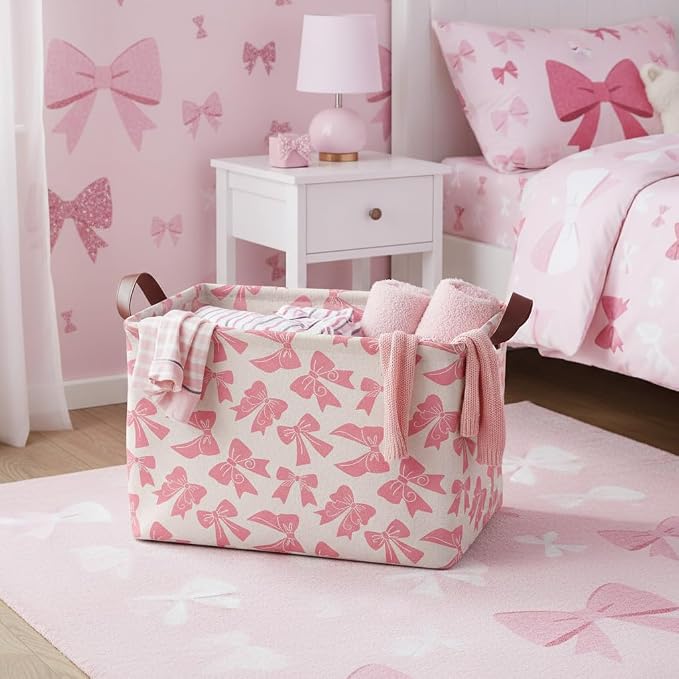 Pink Bow Storage Basket Waterproof Canvas Toy Storage Bin Bow Room Decor - Image 3