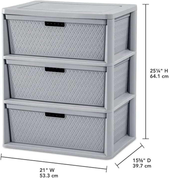 Wide 3-Drawer Plastic Storage Tower, Cross-Weave Decorative Organizer Chest - Image 3