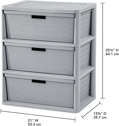 Wide 3-Drawer Plastic Storage Tower, Cross-Weave Decorative Organizer Chest - Image 3