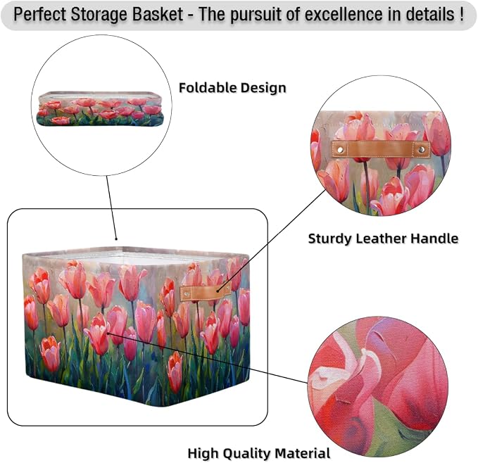 Basket Storage Bins Pink Painting Tulips Flower Rectangle Cube Basket Box Kids - Image 6