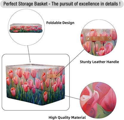 Basket Storage Bins Pink Painting Tulips Flower Rectangle Cube Basket Box Kids - Image 6