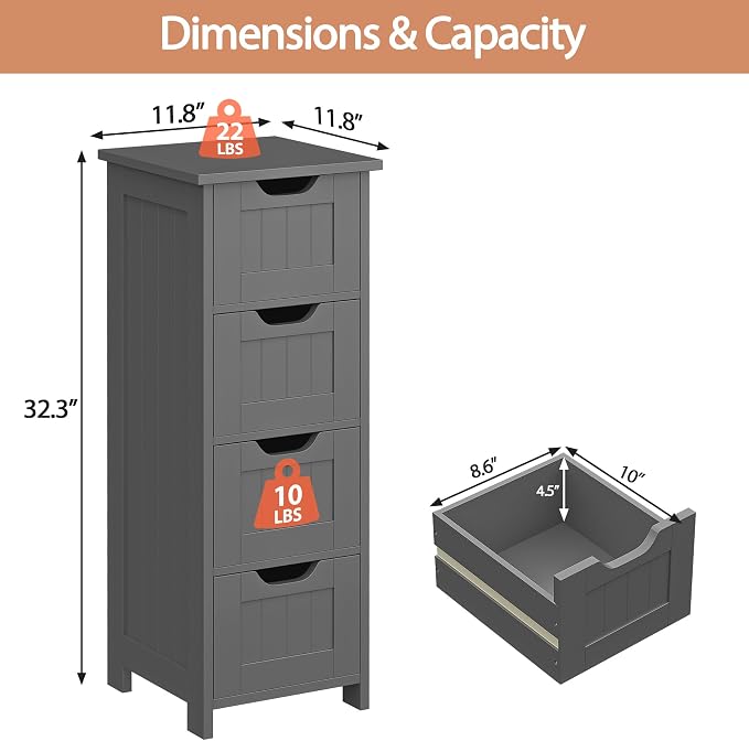 Bathroom Floor Storage Cabinet, Freestanding Wooden Side Organizer w/4 Drawers - Image 3