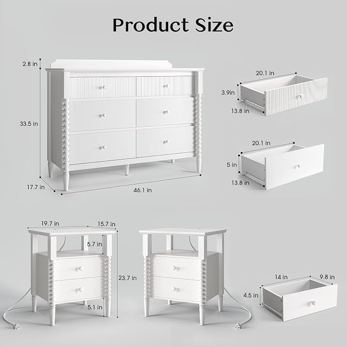 3 Piece Bedroom Set, Vintage 6 Drawer Dresser and Nightstand Sets - Image 2