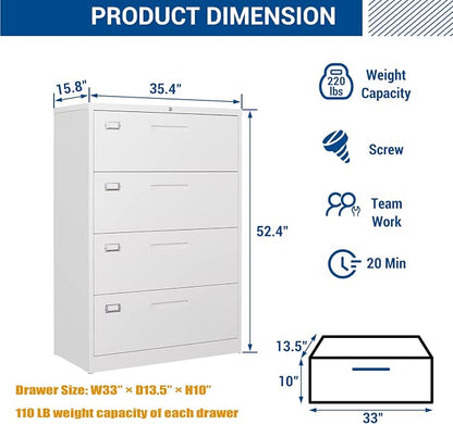 Lateral File Cabinet with Lock, 4 Drawer Large Metal Filing Cabinet, Home - Image 3