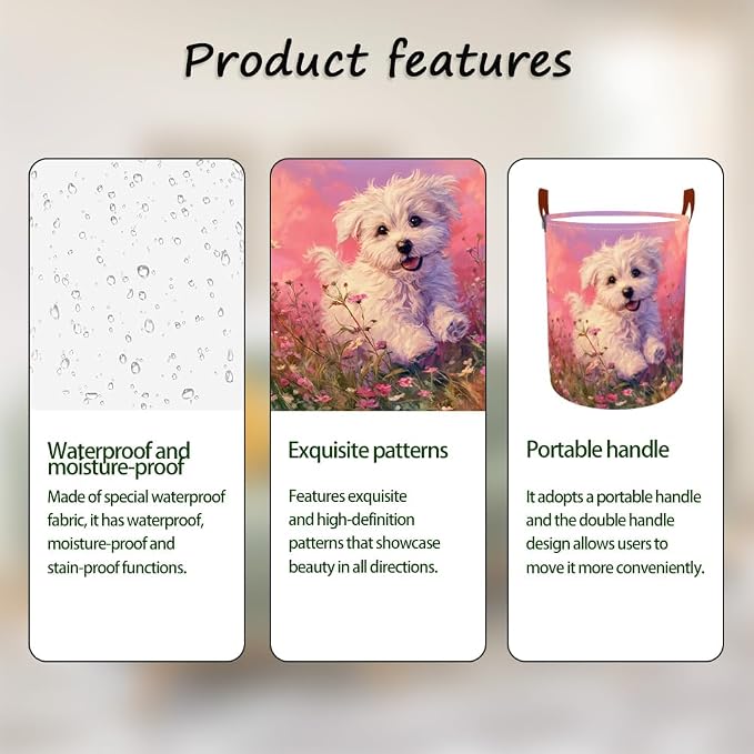Laundry Baskets 15.7x19.7 Inch Large Puppy Wildflower Field Design Collapsible - Image 2