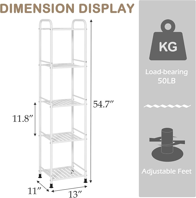 JSB 5 Tier Narrow Bathroom Shelving Unit, Kitchen Storage Rack Organizer Metal - Image 2