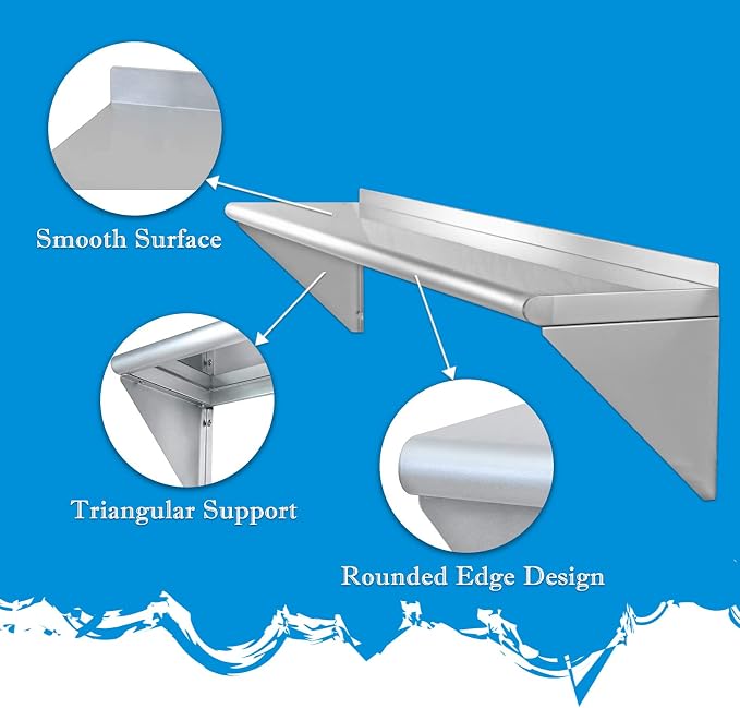 Stainless Steel Shelf 12x48 Inches, NSF Commercial Metal Wall Mounted Rack - Image 6
