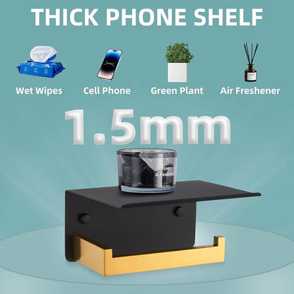 Toilet Paper Holder with Phone Shelf Black & Gold, APLusee 304 Stainless Steel - Image 4